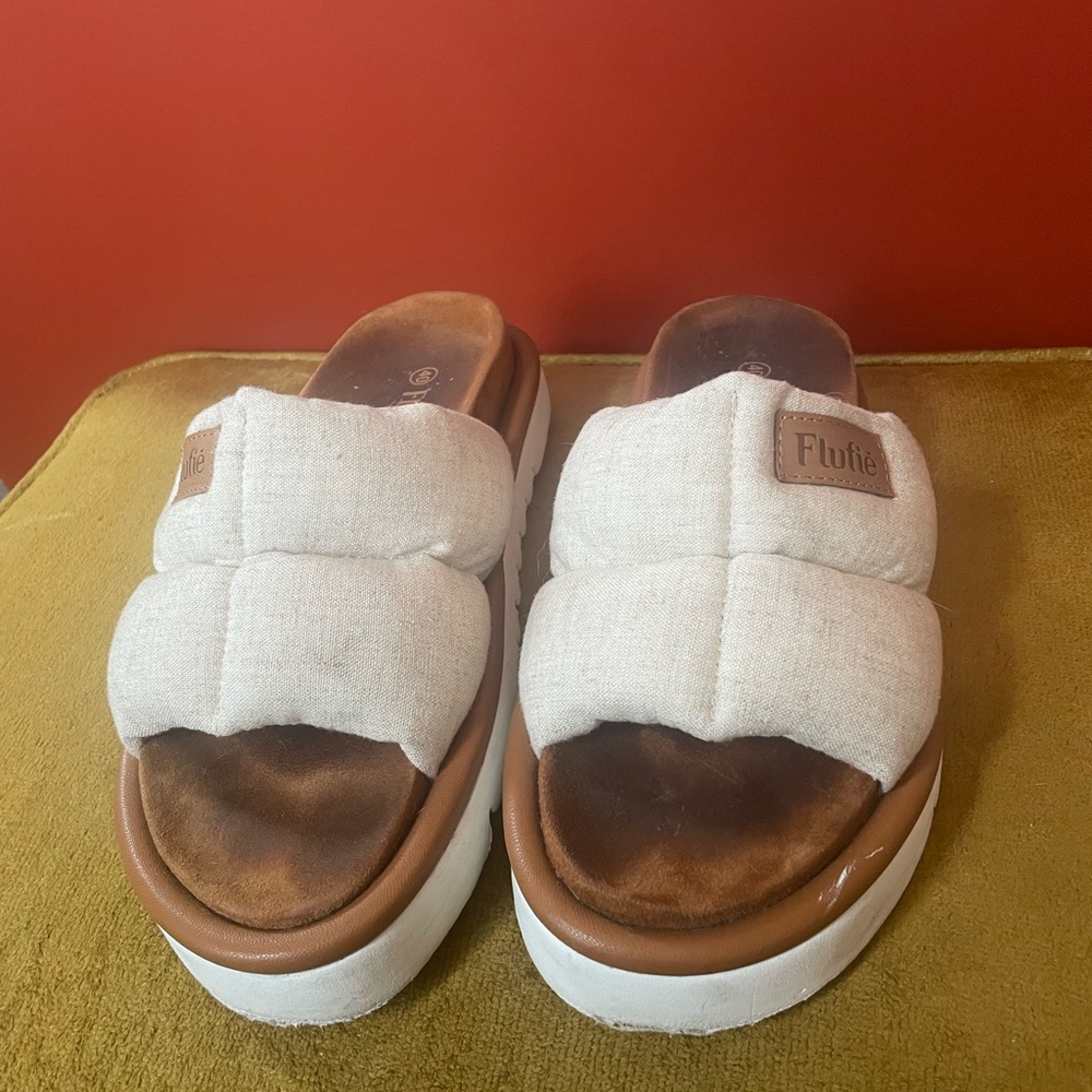 Flufié cream and Brown puffy Slide Sandals